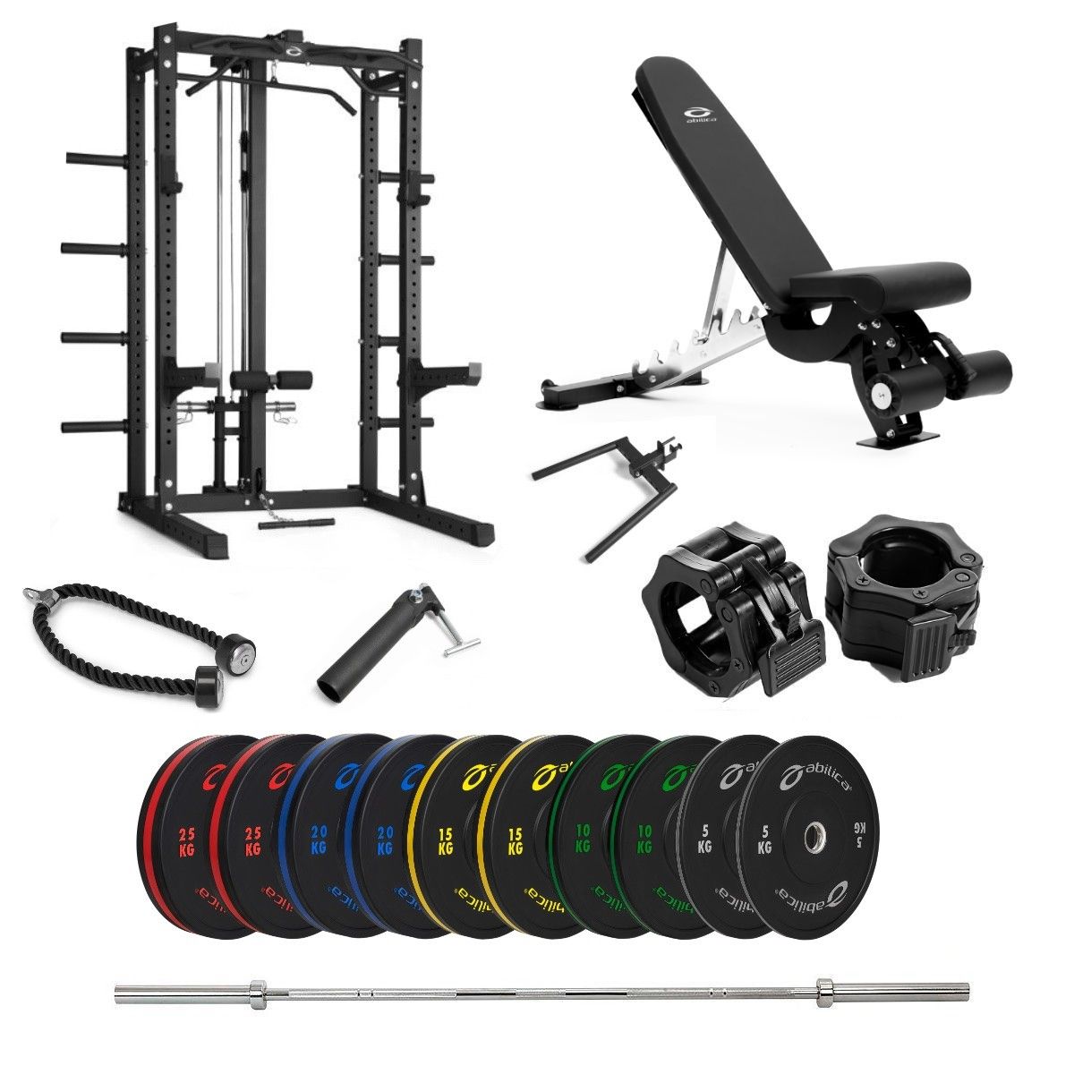 Half Rack med farvede Bumper, bænk og nedtræk – 170 kg