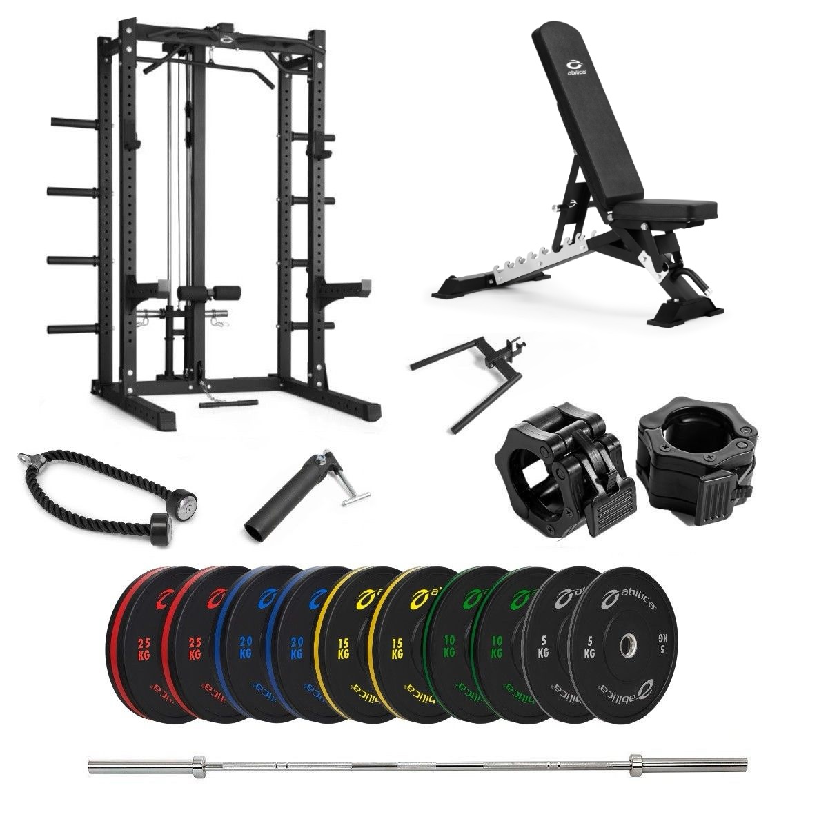 Half Rack med farvede Bumper, bænk og nedtræk – 170 kg