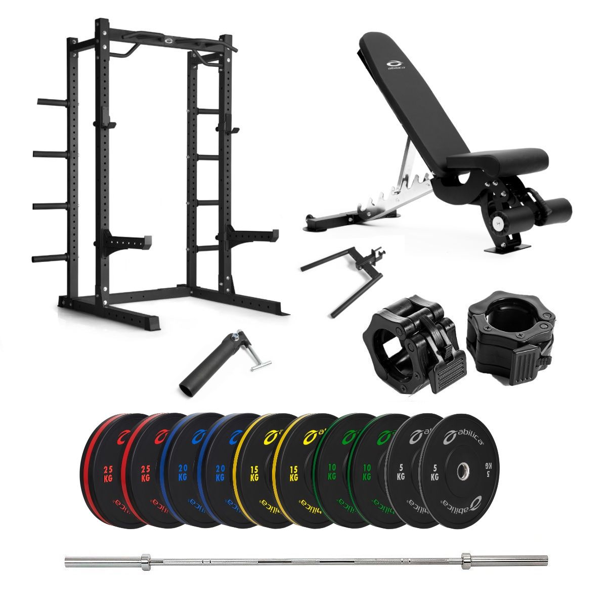 Half Rack med farvede Bumper og bænk – 170 kg