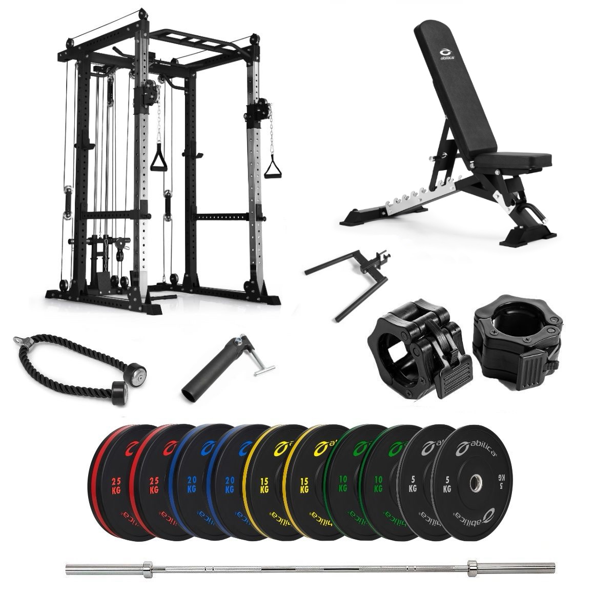 Power Rack med farvede Bumper og bænk - 170 kg